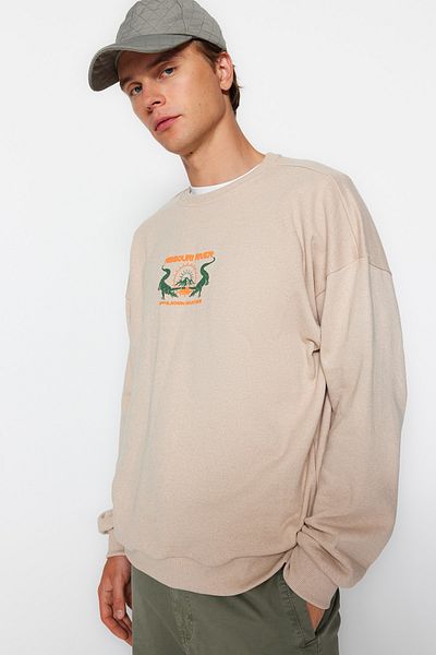 Trendyol Collection Beige Crew Neck Oversize/Wide Cut Animal Print Fleece Inside Sweatshirt Tmnaw24Sw00092