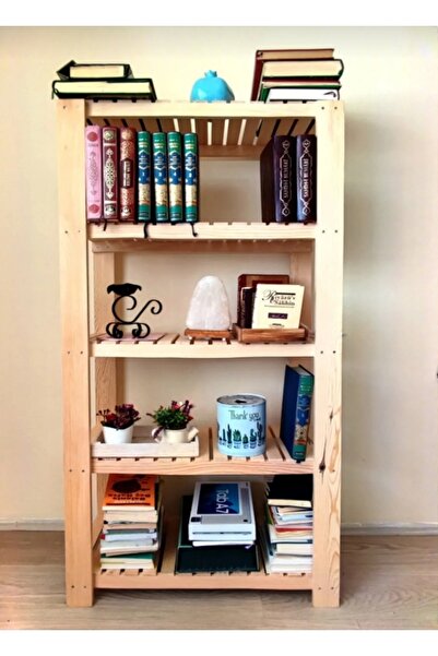 Decor Home Masif Doğal Ahşap Dekoratif 5 Raflı Kitaplık Natural 140x70 Raf