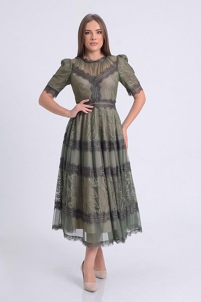 SpringStore Khaki Short Sleeve Lace Evening Dress