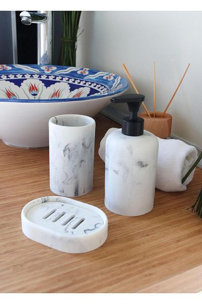 The Mia White Resin Marble 3 Piece Bathroom Set