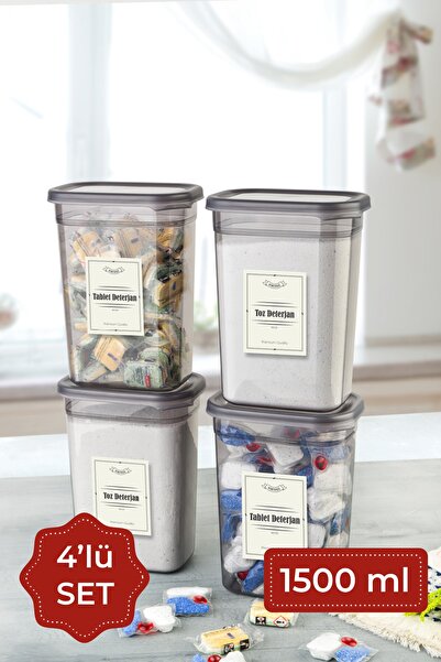 Vienev Etiketli 1500 ml 4lü Peggy Dikdörtgen Deterjan Saklama Kabı Seti Antrasit