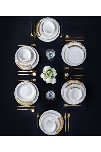 ACAR Dora Sherry 24 Parça Porselen Yaldız Çizgili Yuvarlak Yemek Takımı 12250