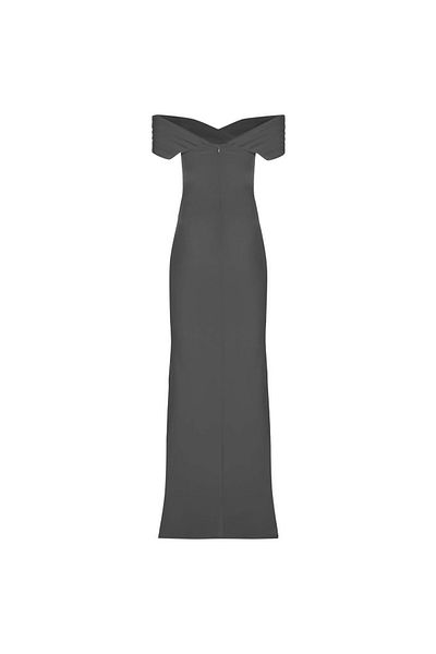 Whenever Company Black Pleated Boat Neck Draped at the Waist Side Slit Long Dress