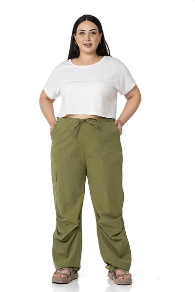 DISENTIS MODEST Large Size Parachute Khaki Trousers with Cargo Pockets
