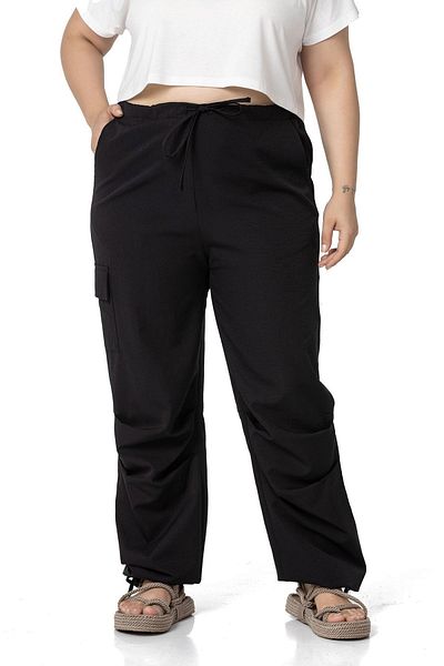 DISENTIS MODEST Large Size Parachute Black Trousers with Cargo Pockets