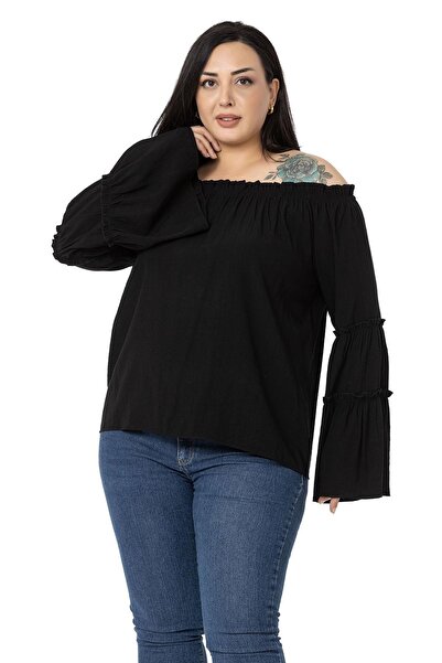 DISENTIS MODEST Plus Size Black Blouse with Elastic Collar and Flywheel Sleeves