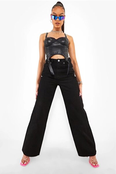 DRC trend Pery Jet Black Extra Visok struk Sa likrom Palazzo široki džins pan...