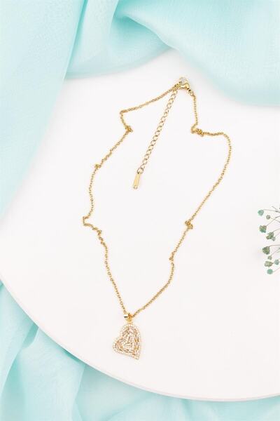 Sacha Accessories Kalp Figürlü Baget Taşlı Gold Çelik Kolye