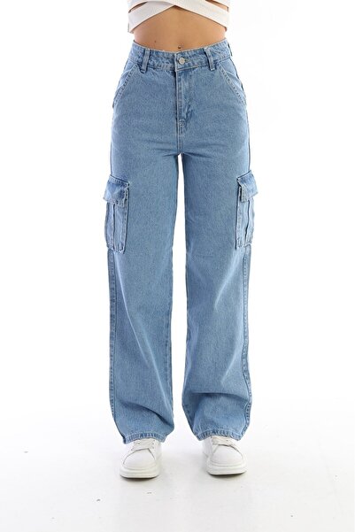 Trn JNS Klara Baby Ice Blue Cargo Pantaloni largi din lycra cu talie super înaltă, fără buzunare