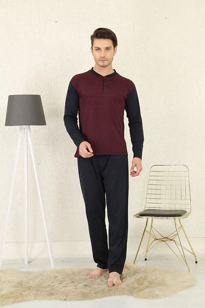 Huq Moda Ανδρικό σετ πιτζάμες μακρυμάνικο βαμβακερό ζακάρ Borda