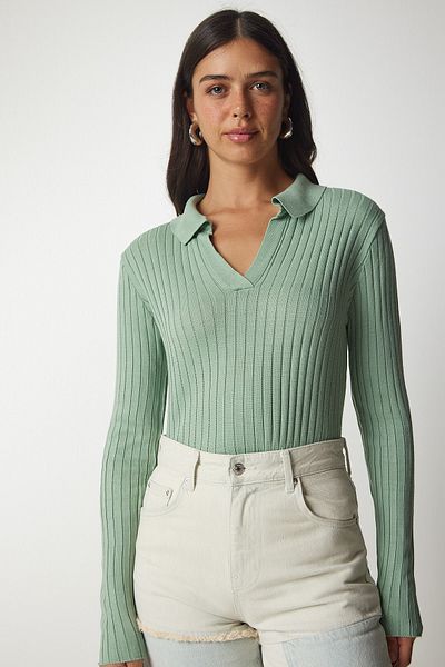 Happiness İstanbul Women's Green Polo Collar Ribbed Knit Sweater BV00011