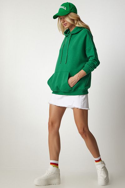 Happiness İstanbul Women's Green Hooded Ribbed Basic Sweatshirt SM00153