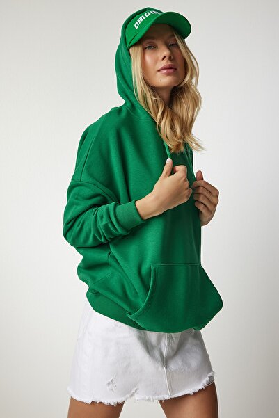 Happiness İstanbul Γυναικείο φούτερ Basic με πράσινη κουκούλα SM00153