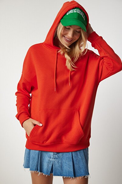 Happiness İstanbul Γυναικείο φούτερ Basic με κουκούλα πορτοκαλί SM00153