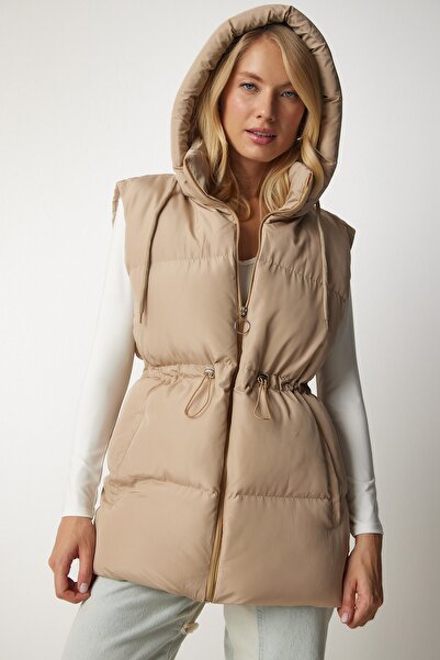 Happiness İstanbul Γυναικείο γιλέκο μπεζ με κουκούλα HK00024
