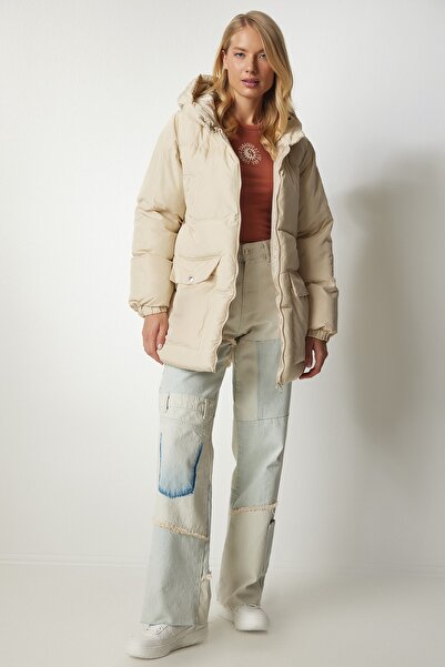 Happiness İstanbul Dámská krémová bunda Puffer s kapucí HK00023