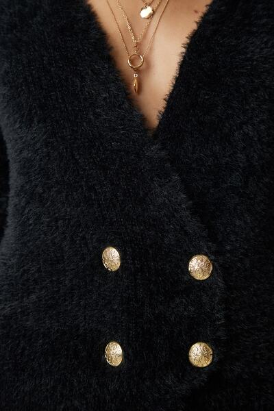 Happiness İstanbul Dámská černá měkká pletenina s vousy Cardigan NF00066