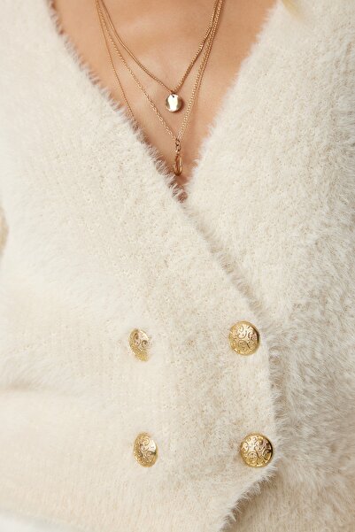 Happiness İstanbul Dámská krémová pletenina s měkkými vousy Cardigan NF00066