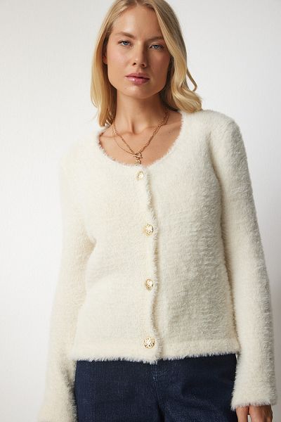 Happiness İstanbul Cremefarbener Soft Beard-Strickcardigan für Damen NF00067