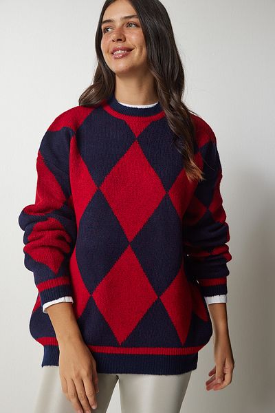 Happiness İstanbul Damski sweter oversize z dzianiny w czerwone romby YY00161