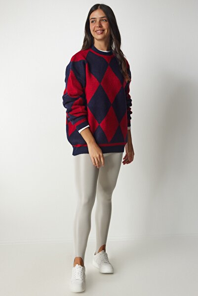 Happiness İstanbul Roter Oversize-Strickpullover mit Rautenmuster für Damen YY00161