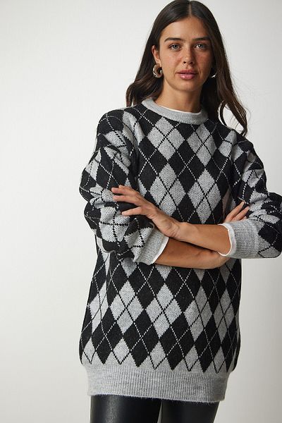 Happiness İstanbul Woman's Gray Baklava Patterned Oversize Knit Sweater YY00162