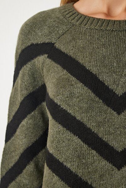 Happiness İstanbul Pulover Kaki cu dungi NV00061