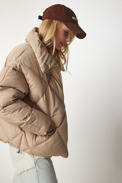 Happiness İstanbul Aufblasbarer Oversize-Rollkragenmantel für Damen in Beige HK00028
