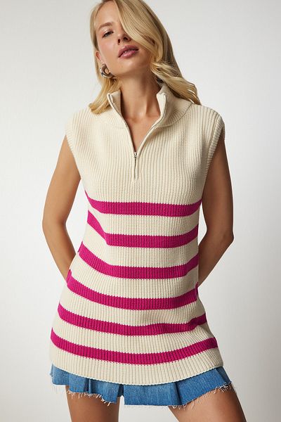 Happiness İstanbul Women's Cream Pink Zippered Collar Striped Sweater MX00123