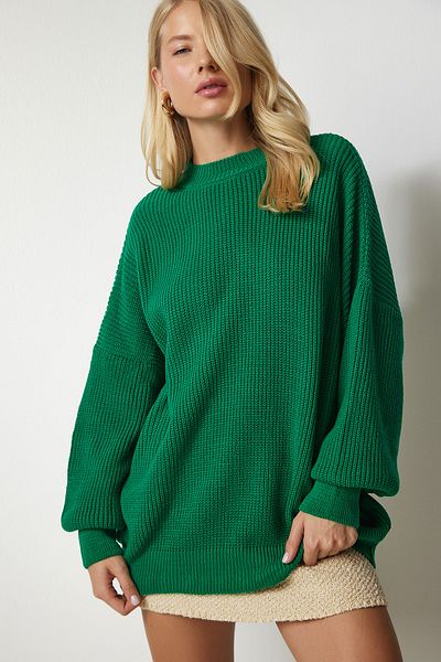 Happiness İstanbul Dunkelgrüner Oversize-Basic-Strickpullover für Damen mx00126