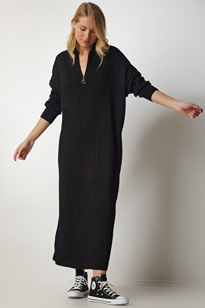 Happiness İstanbul Kadın Siyah Fitilli Oversize Triko Elbise DD01251