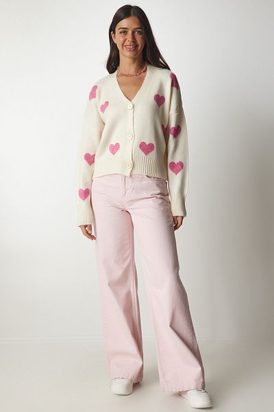 Happiness İstanbul Creme-rosa gemusterte Strickjacke für Damen BV00101