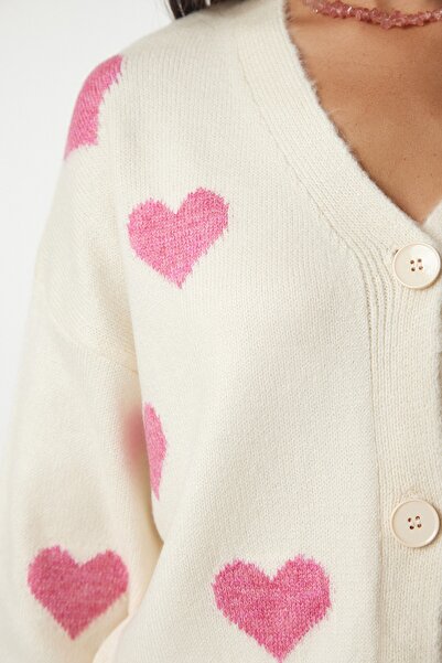 Happiness İstanbul Dámský krémově růžový vzorovaný pletený svetr BV00101