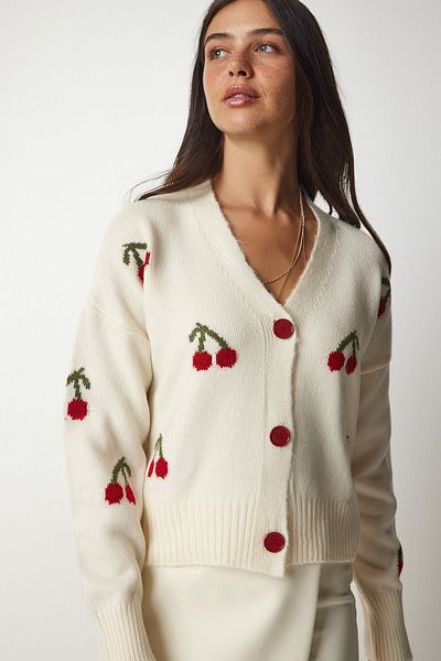 Happiness İstanbul Cremefarbene, weinrote Strickjacke mit Muster für Damen BV00101