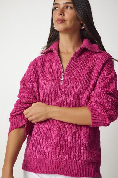 Happiness İstanbul Women's Pink Zippered Collar Knit Sweater BV00100
