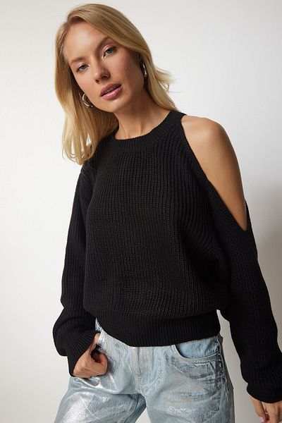Happiness İstanbul Pulover de damă negru cu decupaj tricotat PN00081