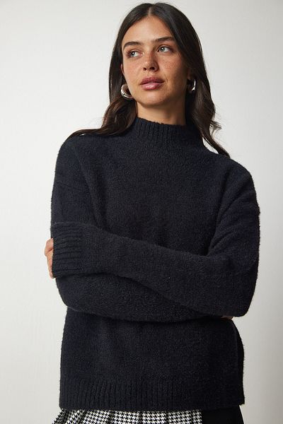 Happiness İstanbul Pulover negru din tricot cu barbă pentru damă MX00131