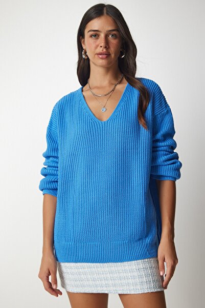 Happiness İstanbul Hellblauer Oversize-Strickpullover mit V-Ausschnitt für Damen, Basic, MX00130