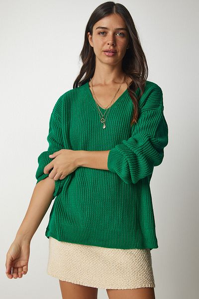 Happiness İstanbul Women's Dark Green V-Neck Oversize Basic Knitwear Sweater MX00130