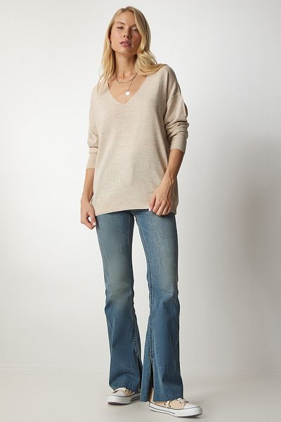 Happiness İstanbul Pulover de damă crem cu decolteu în V din tricot subțire PN00078