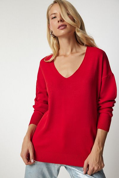 Happiness İstanbul Damski sweter z cienkiej dzianiny w kolorze czerwonym, z dekoltem w kształcie litery V, PN00078