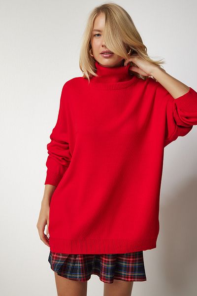 Happiness İstanbul Roter Rollkragenpullover in Übergröße für Damen BV00084