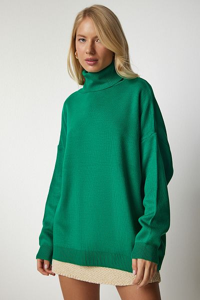 Happiness İstanbul Women's Green Turtleneck Oversize Knitwear Sweater BV00084