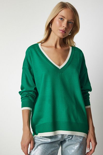 Happiness İstanbul Women's Green V-Neck Oversize Knitwear Sweater BV00081