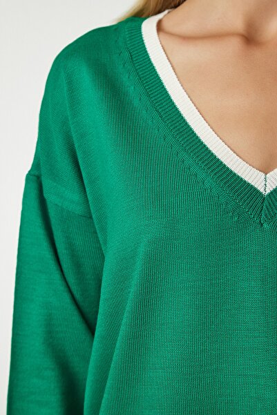 Happiness İstanbul Női zöld V-nyakú, túlméretezett kötöttáru pulóver BV00081