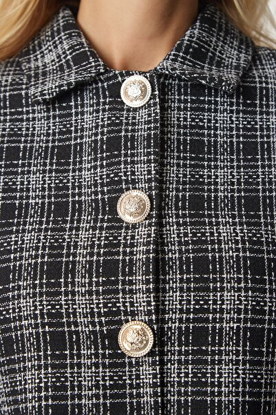 Happiness İstanbul Dámská černá tvídová bunda s knoflíky HG00005