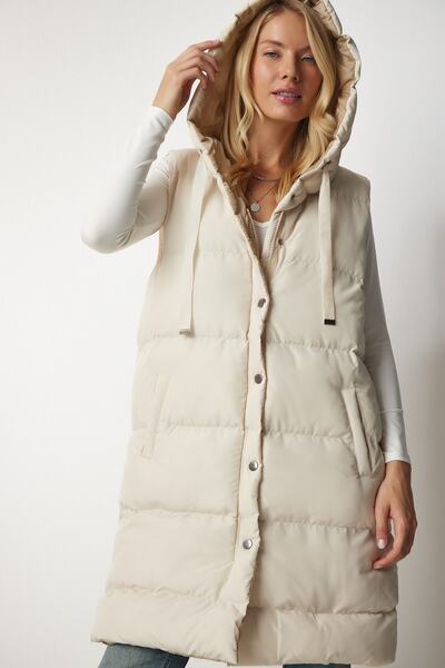 Happiness İstanbul Dámská krémová dlouhá vesta s kapucí VP00003