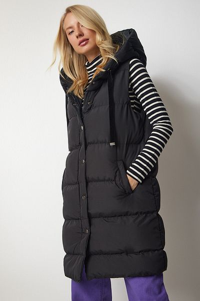 Happiness İstanbul Lange Pufferweste mit Kapuze für Damen, schwarz, VP00003