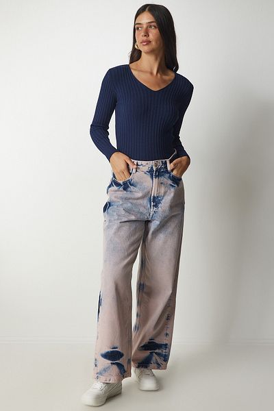 Happiness İstanbul Women's Navy Blue V-Neck Ribbed Basic Blouse BV00096