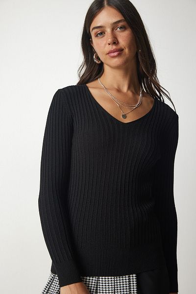 Happiness İstanbul Women's Black V-Neck Ribbed Basic Blouse BV00096